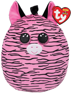 Okrągła maskotka Pink Zebra, pluszowa zabawka w czarne paski, z błyszczącymi oczami. Widok z przodu, metka Ty.