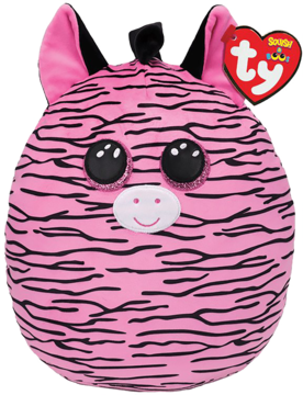 Okrągła maskotka Pink Zebra, pluszowa zabawka w czarne paski, z błyszczącymi oczami. Widok z przodu, metka Ty.