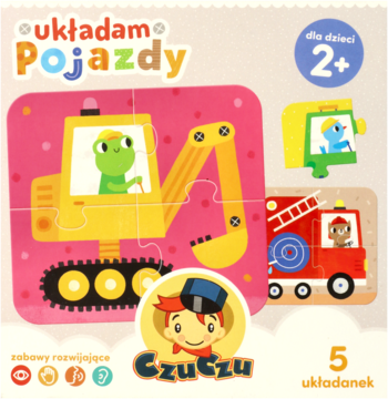 Układanka Czuczu Układam Pojazdy, puzzle dla dzieci 2+, z koparką i wozem strażackim, widok opakowania.