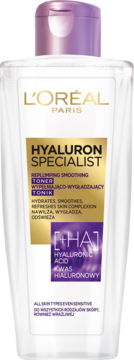 L'Oréal Paris Hyaluron Specialist Tonik z kwasem hialuronowym, przezroczysta butelka z fioletowym korkiem, widok z przodu.