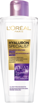 L'Oréal Paris Hyaluron Specialist Tonik z kwasem hialuronowym, przezroczysta butelka z fioletowym korkiem, widok z przodu.