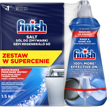 Zestaw Finish: sól do zmywarki 1.5 kg i płyn nabłyszczający, opakowania niebiesko-białe, widok z przodu.