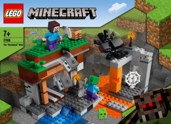 Pudełko LEGO Minecraft Opuszczona Kopalnia 2168, Steve i zombie w jaskini z lawą i skałami.
