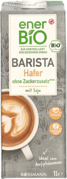 EnerBiO Barista Hafer: szary karton napoju owsianego z soi, bez cukru, idealny do spieniania kawy, widok z przodu.