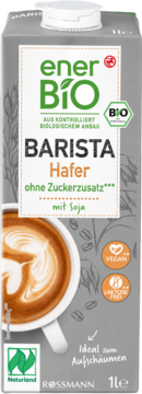 EnerBiO Barista Hafer napój owsiany z soją, bez cukru, wegański. Szary karton 1l z kawą latte i ziarnami kawy, widok z przodu.
