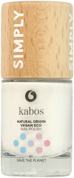 Biały wegański lakier Kabos Natural Origin w szklanej butelce z drewnianą nakrętką, widok z przodu.