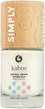Biały wegański lakier Kabos Natural Origin w szklanej butelce z drewnianą nakrętką, widok z przodu.