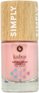 Różowy lakier Kabos Natural Origin Vegan Eco, widok z przodu butelki z drewnianą zakrętką Simply.