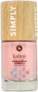 Różowy lakier Kabos Natural Origin Vegan Eco, widok z przodu butelki z drewnianą zakrętką Simply.