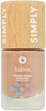 Nude wegański lakier Kabos Natural Origin, butelka z drewnianą nakrętką, widok z przodu.