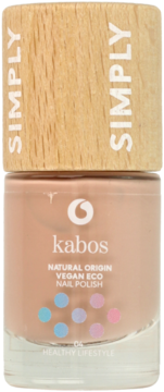 Nude wegański lakier Kabos Natural Origin, butelka z drewnianą nakrętką, widok z przodu.
