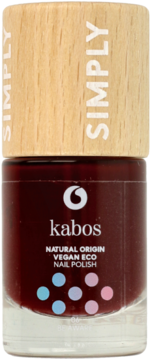 Ciemnoczerwony, wegański lakier do paznokci Kabos Simply Natural Origin w szklanej butelce z drewnianą nakrętką, widok z przodu.