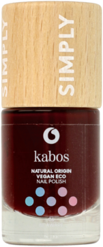 Ciemnoczerwony, wegański lakier do paznokci Kabos Simply Natural Origin w szklanej butelce z drewnianą nakrętką, widok z przodu.