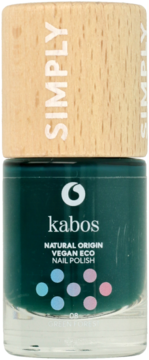 Ciemnozielony lakier Kabos Natural Origin Vegan Eco, w szklanej butelce z drewnianą nakrętką Simply, widok z przodu.