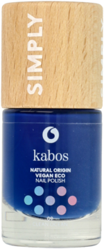 Niebieski wegański lakier do paznokci Kabos Simply w szklanej butelce z drewnianą nakrętką, napis "VEGAN ECO".