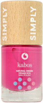 Lakier Kabos Natural Origin Vegan Eco, butelka w kolorze fuksji, drewniana nakrętka Simply, widok z przodu.