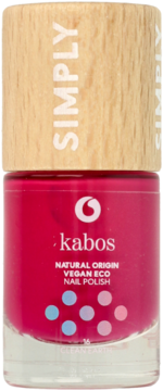 Różowy lakier do paznokci Kabos Natural Origin Vegan Eco w szklanej butelce z drewnianą nakrętką, widok z przodu.