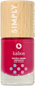 Różowy lakier do paznokci Kabos Natural Origin Vegan Eco w szklanej butelce z drewnianą nakrętką, widok z przodu.