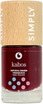 Lakier do paznokci Kabos Natural Origin Vegan Eco w burgundowym kolorze, butelka z drewnianą nakrętką, widok z przodu.