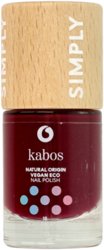 Lakier do paznokci Kabos Natural Origin Vegan Eco w burgundowym kolorze, butelka z drewnianą nakrętką, widok z przodu.