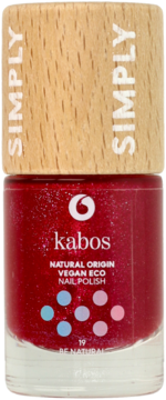 Mieniący się czerwony lakier Kabos Natural Origin Vegan Eco w szklanej butelce z drewnianą nakrętką Simply, widok z przodu.
