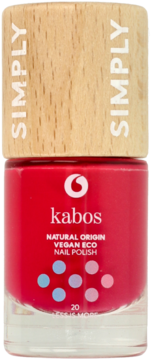 Intensywnie czerwony lakier Kabos Simply Natural Origin Vegan Eco, w butelce z drewnianą nakrętką, widok z przodu.