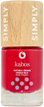 Intensywnie czerwony lakier Kabos Simply Natural Origin Vegan Eco, w butelce z drewnianą nakrętką, widok z przodu.
