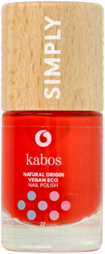 Jaskrawy czerwony lakier do paznokci Kabos Simply Vegan Eco w szklanej butelce z drewnianą nakrętką, widok z przodu.