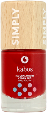 Czerwony lakier Kabos Natural Origin Vegan Eco z drewnianą nakrętką Simply, widok z przodu.