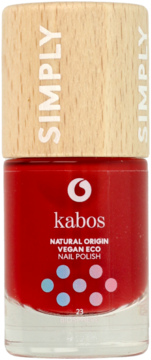 Czerwony lakier Kabos Natural Origin Vegan Eco z drewnianą nakrętką Simply, widok z przodu.