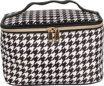 Czarno-biała kosmetyczka box w wzór houndstooth z rączką i złotym zamkiem, idealna do podróży, widok z przodu.