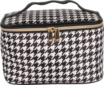 Czarno-biała kosmetyczka box w wzór houndstooth z rączką i złotym zamkiem, idealna do podróży, widok z przodu.