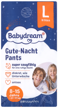 BABYDREAM ,pieluchomajtki na noc, rozm. L, 27-57 kg, unisex,przód