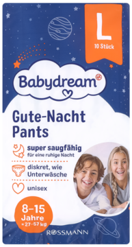 Babydream Gute-Nacht Pants, ciemnoniebieskie pieluchomajtki nocne L dla 8-15 lat, widok z przodu, z dziećmi.