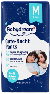 Granatowe opakowanie Babydream Gute-Nacht Pants M, nocne pieluchomajtki 4-8 lat, 17-30 kg, widok z przodu.