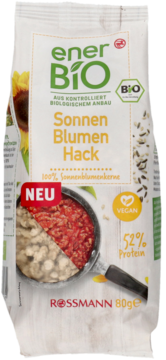 enerBiO Sonnen Blumen Hack, bio wegańskie, 80g. Biała torebka z ilustracją nasion i mielonego dania, widok z przodu.