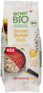enerBiO Sonnen Blumen Hack, bio wegańskie, 80g. Biała torebka z ilustracją nasion i mielonego dania, widok z przodu.