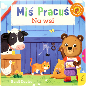 Książka Miś Pracuś Na wsi z ruchomymi elementami. Okładka z misiem, krową, kotem na tle stodoły.