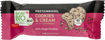 EnerBiO baton proteinowy Cookies & Cream, 23% białka, różowo-czarne opakowanie, widok z przodu.