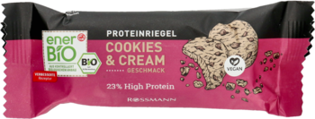 EnerBiO baton proteinowy Cookies & Cream, 23% białka, różowo-czarne opakowanie, widok z przodu.