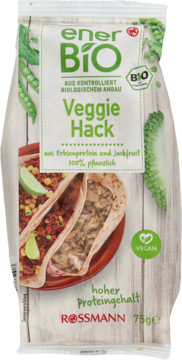 Biała torebka enerBiO Veggie Hack, widok z przodu, z grafiką tacos, wegańskie mielone 75g.