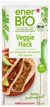 enerBiO Veggie Hack: białko grochu i jackfruit, wysoki proteingehalt, wegański. Opakowanie z tacos.