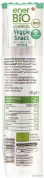 Tył opakowania enerBiO Veggie Snack, prostokątny baton, z tabelą wartości odżywczych, BIO i Vegan.