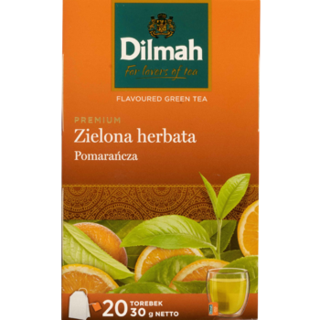 Przednie ujęcie pomarańczowego opakowania herbaty Dilmah Zielona Herbata Pomarańcza z liśćmi herbaty i owocami.