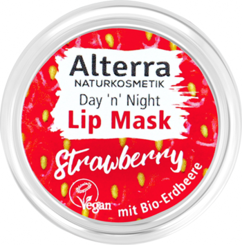 Alterra Day 'n' Night Lip Mask Strawberry, okrągły pojemnik z czerwoną pokrywką o wzorze truskawek, widok z góry.