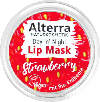 Alterra Day 'n' Night Lip Mask Strawberry, okrągły pojemnik z czerwoną pokrywką o wzorze truskawek, widok z góry.