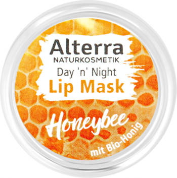 Maska do ust Alterra Day 'n' Night Honeybee z miodem w okrągłym słoiczku, etykieta plastra miodu, widok z góry.