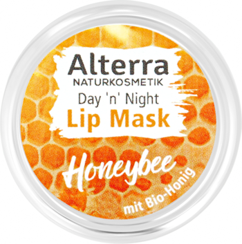 Maska do ust Alterra Day 'n' Night Honeybee z miodem w okrągłym słoiczku, etykieta plastra miodu, widok z góry.