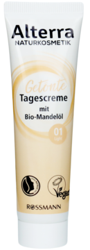 Alterra Naturkosmetik Getönte Tagescreme 01 Light z Bio-Mandelöl w beżowej tubce, widok z przodu.