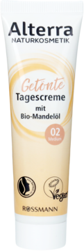 Alterra Getönte Tagescreme 02 Medium z bio-migdałem, beżowa tubka, widok z przodu, logo Rossmann.